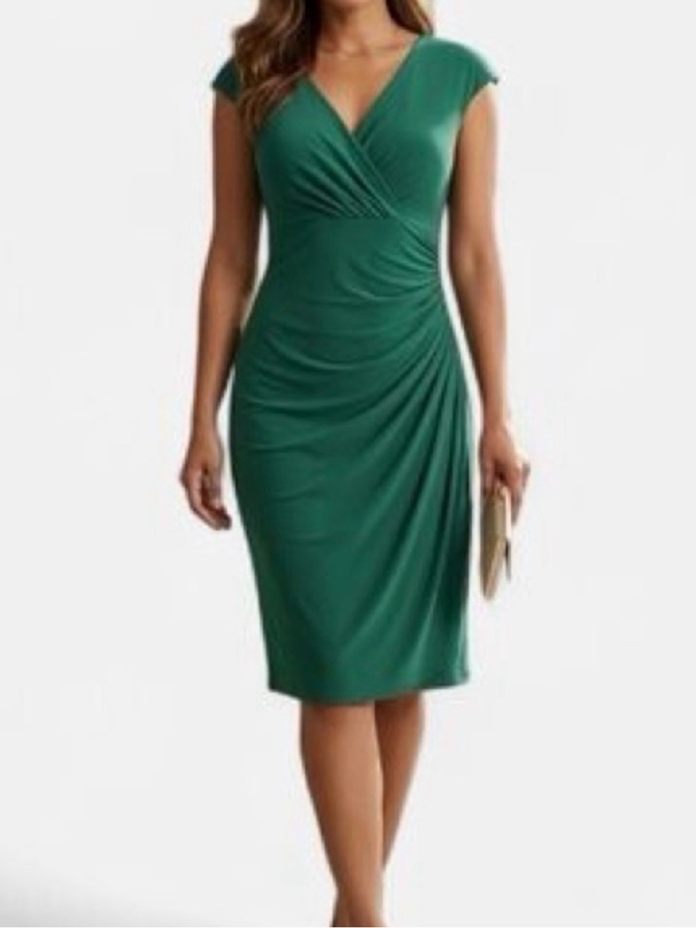 Lauren Ralph Lauren Dress 8 Emerald Green Ruched V Neck Jersey Sheath Cocktail